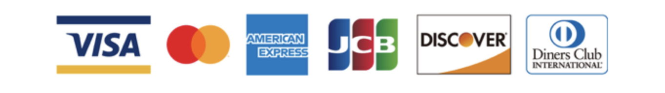 VISA、Mastercard、American Express、JCB、Discover、Diners Club
